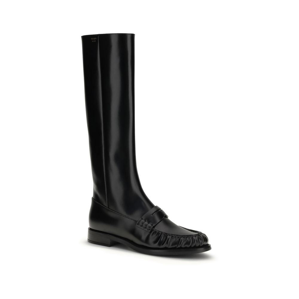 Prada Black Calf Leather Bos Taurus Flat Boots